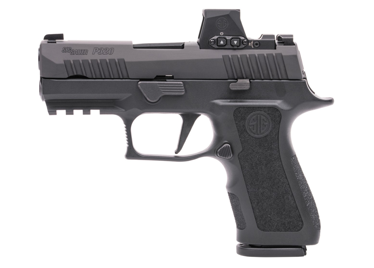 Black SIG Sauer P320 pistol side view.