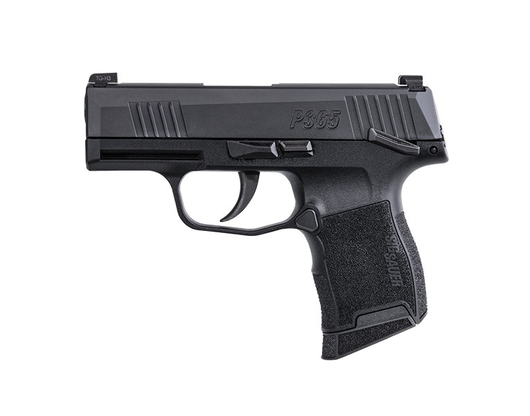 Black handgun with textured grip, model P365.