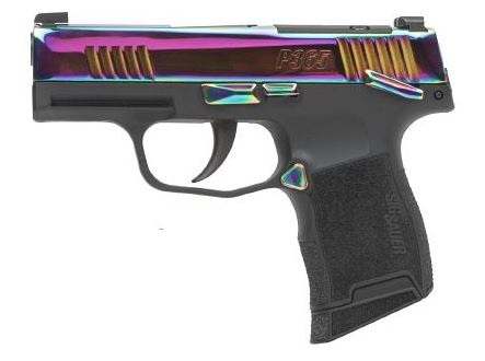 Rainbow-colored Sig Sauer P365 pistol.