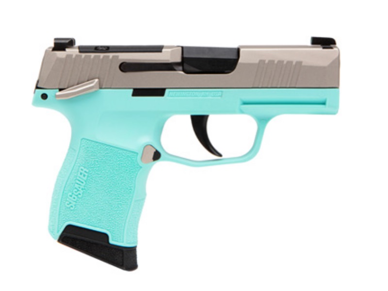 Turquoise and silver semi-automatic handgun.