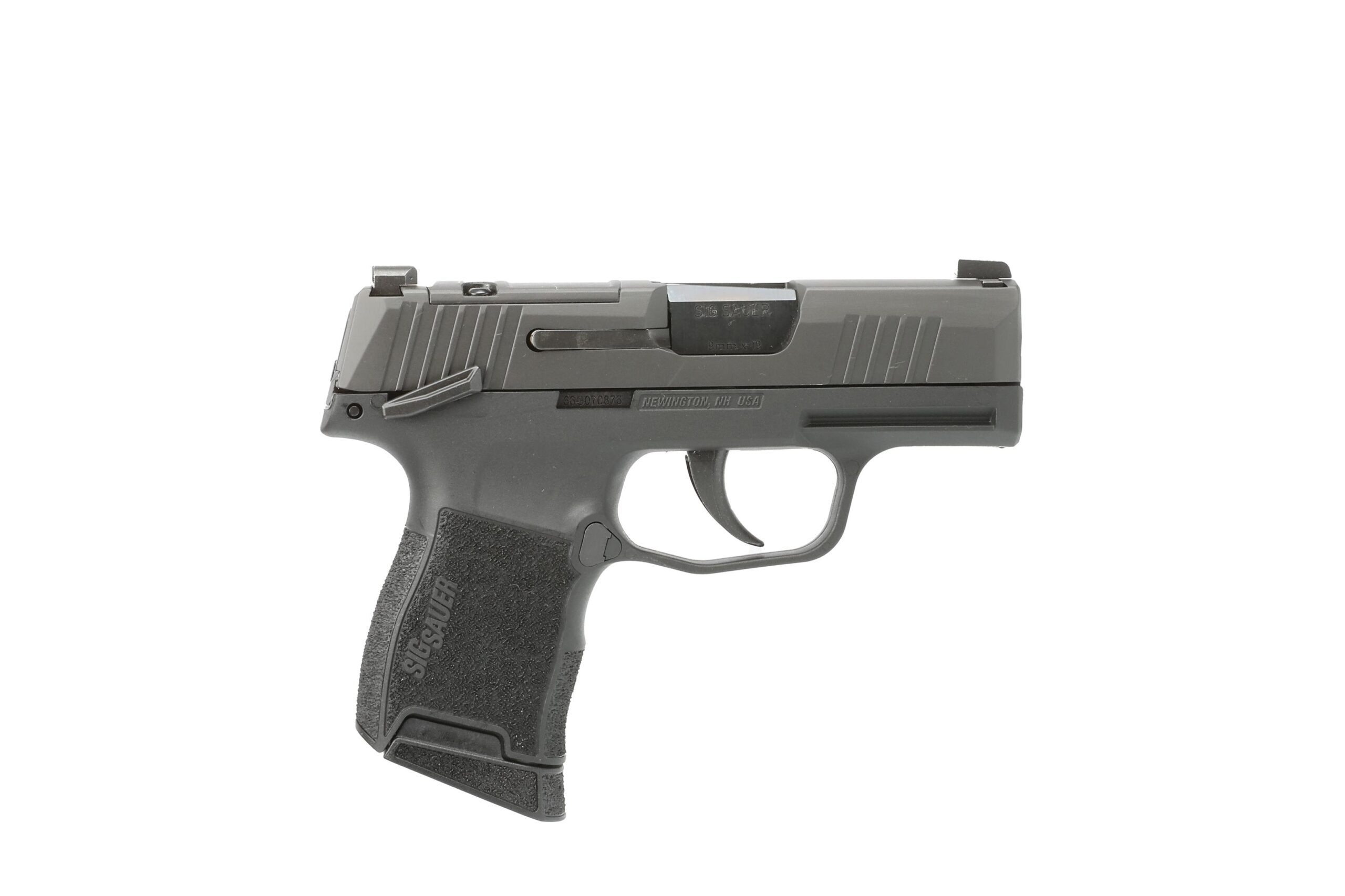 Compact gray handgun on a white background.