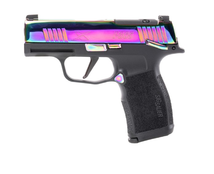 Colorful SIG Sauer P365 handgun on white background.