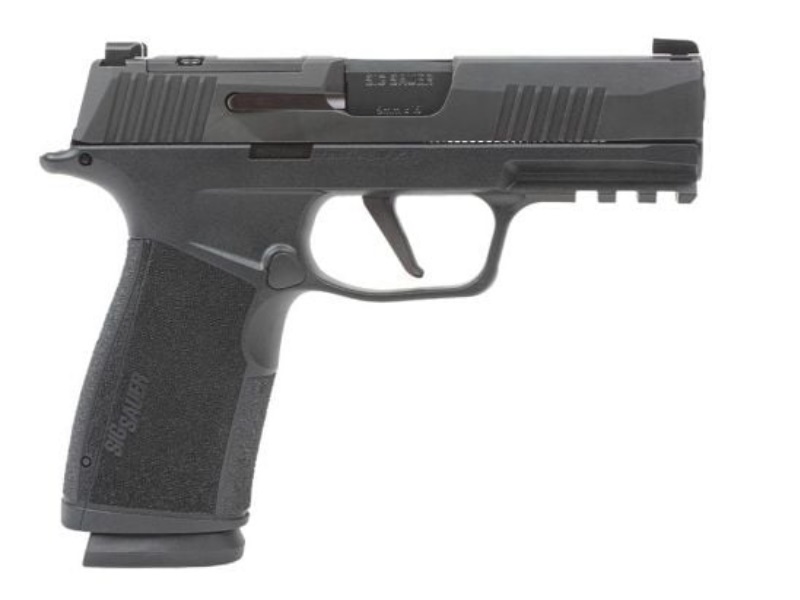 Black semi-automatic handgun on a white background.