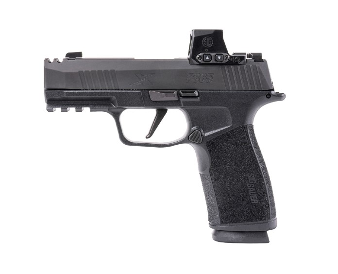 Black handgun with red dot sight.