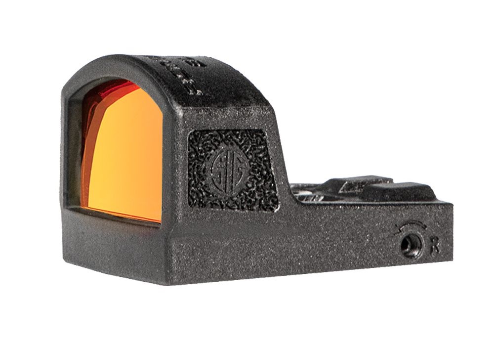 Red dot sight with black body.