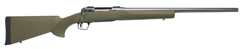 Rifle with olive green stock and silver barrel.