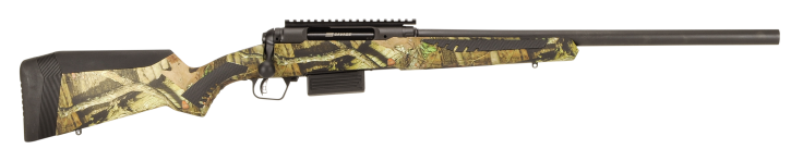 Camo-patterned hunting rifle on a white background.