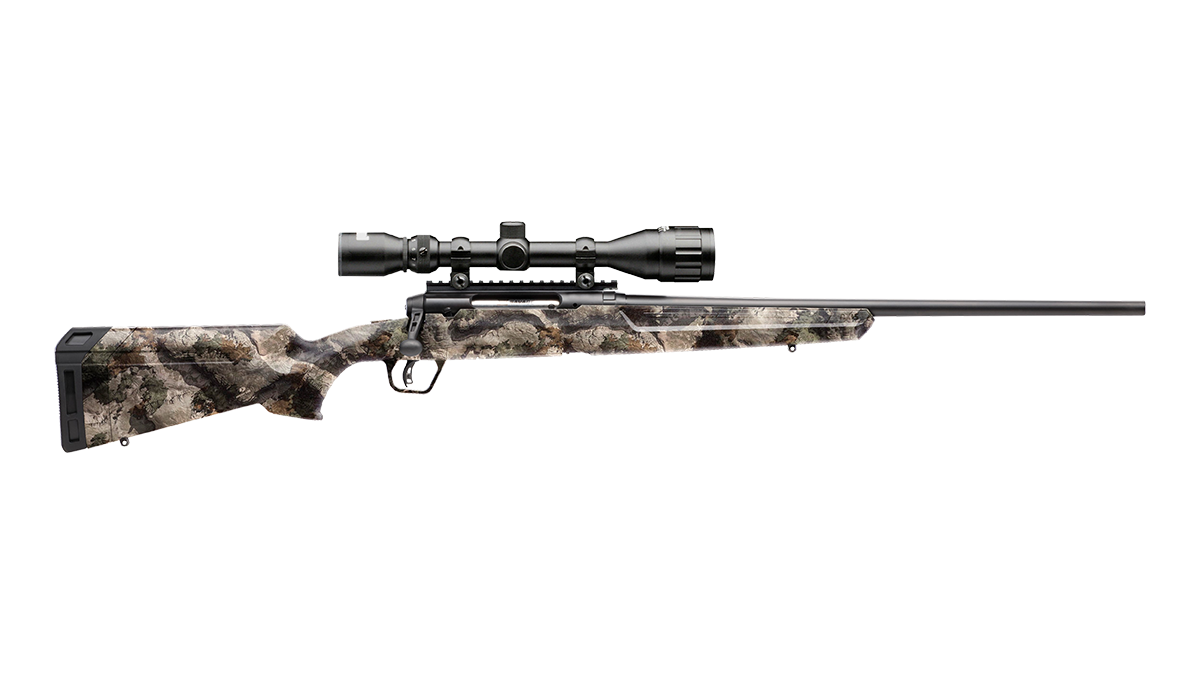 Camo-patterned rifle with scope.