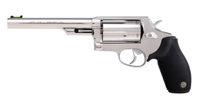 Silver revolver with black grip.