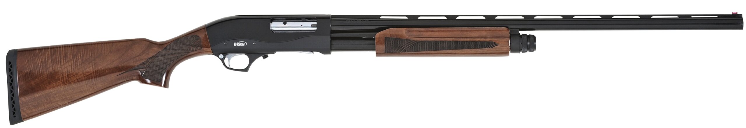 Shotgun with wooden stock and black barrel.