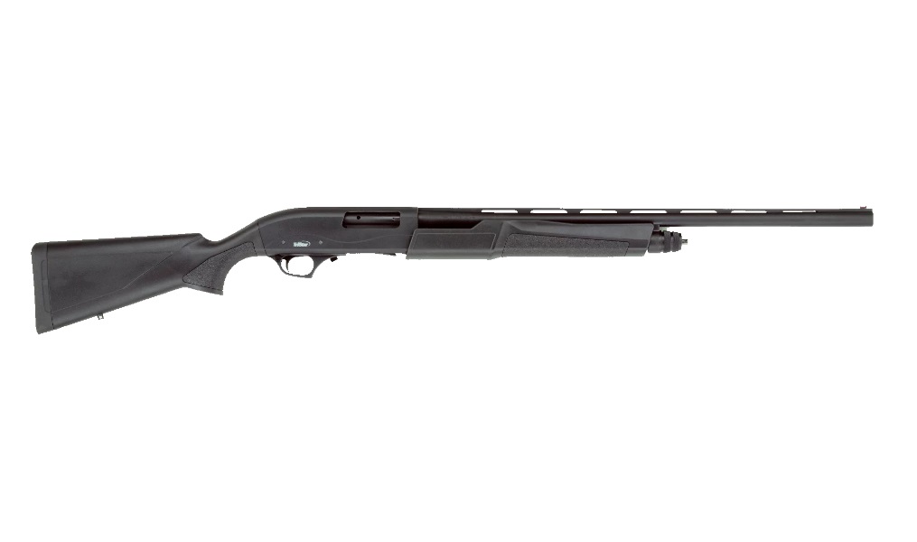 Black shotgun with a long barrel.