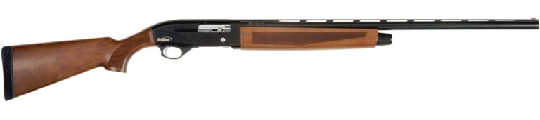 Side view of a shotgun with wooden stock.