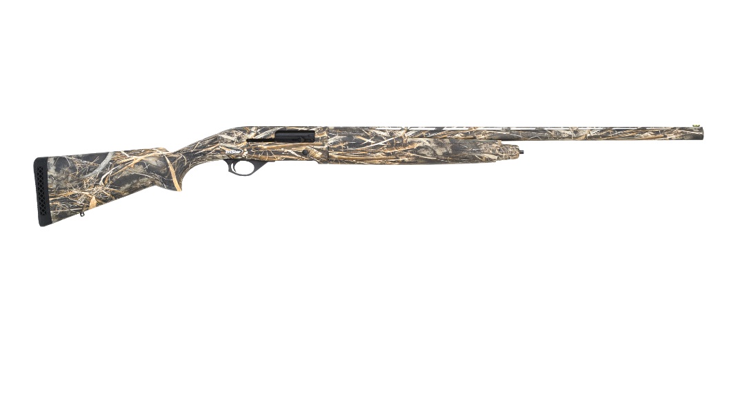 Camouflaged shotgun with a long barrel.