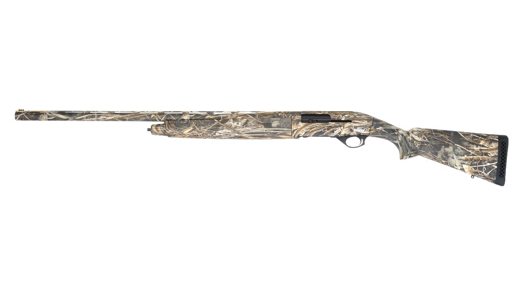 Camo-patterned shotgun viewed from the side.