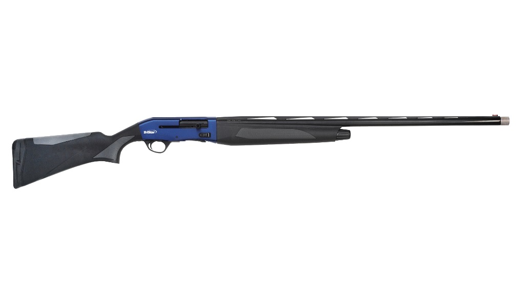 Shotgun with blue and black design.