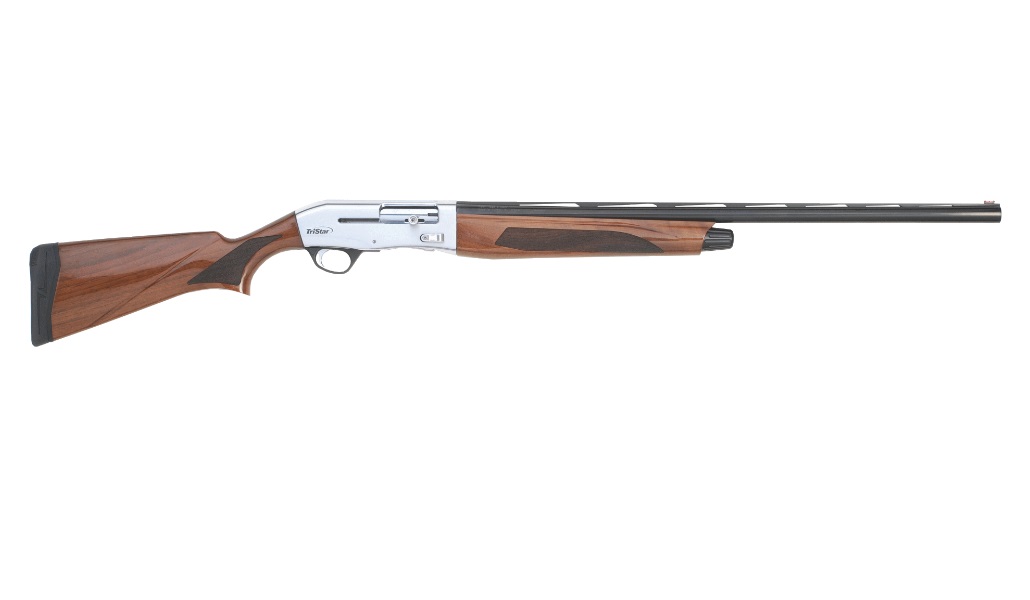 Shotgun with wooden stock and silver receiver.