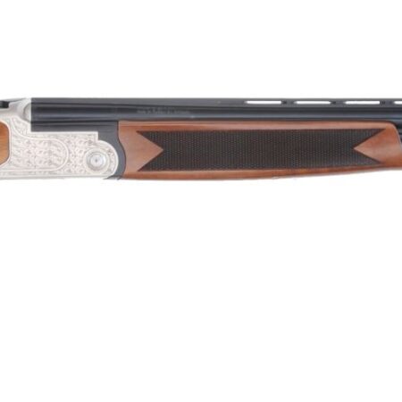 Double-barrel shotgun with wooden stock.