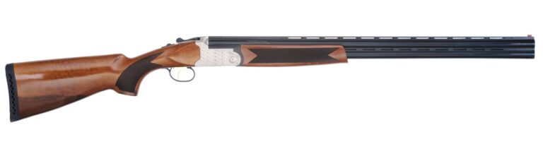 Double-barrel shotgun with wooden stock.