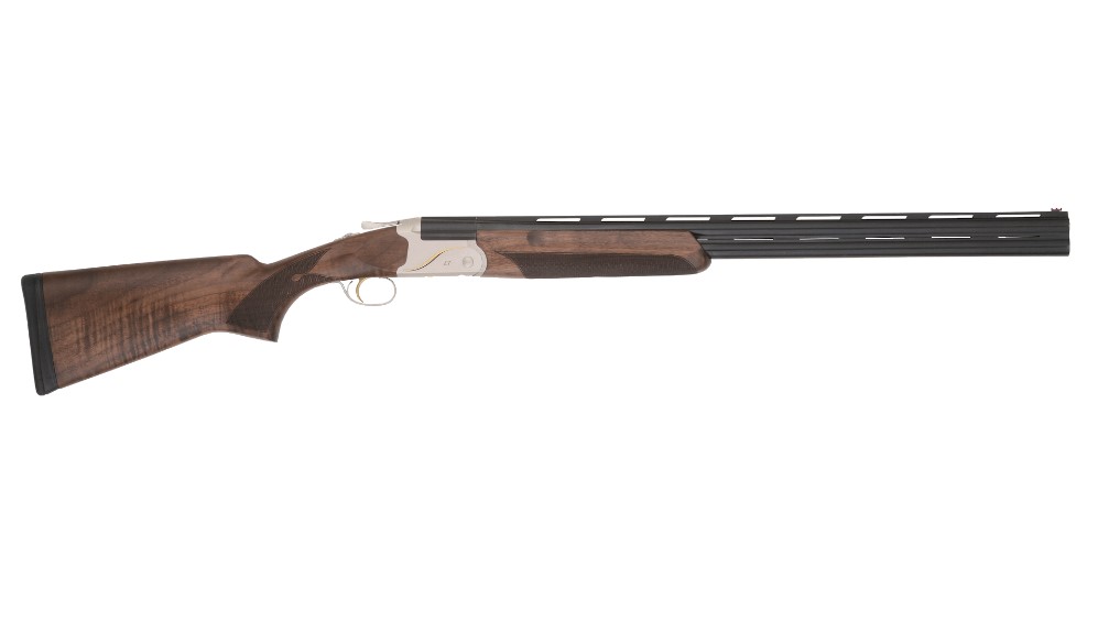 Double-barrel shotgun with wooden stock.