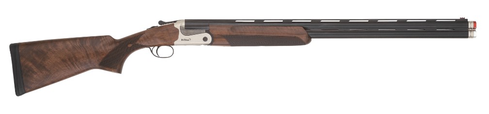 Double-barrel shotgun with wooden stock.