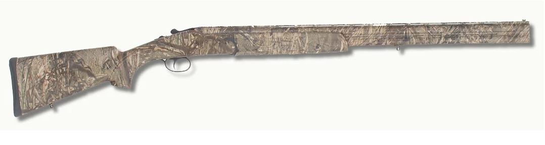 Camouflaged shotgun displayed on a white background.