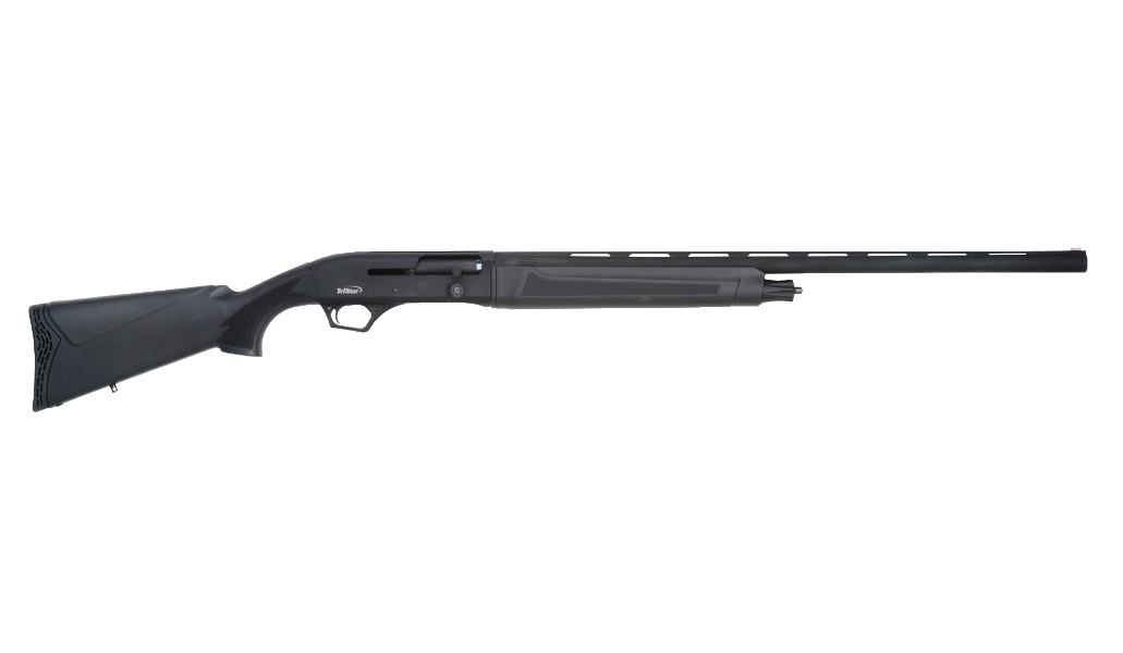 Black shotgun with a long barrel.