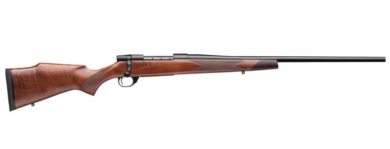 Wooden stock bolt-action rifle with long barrel.