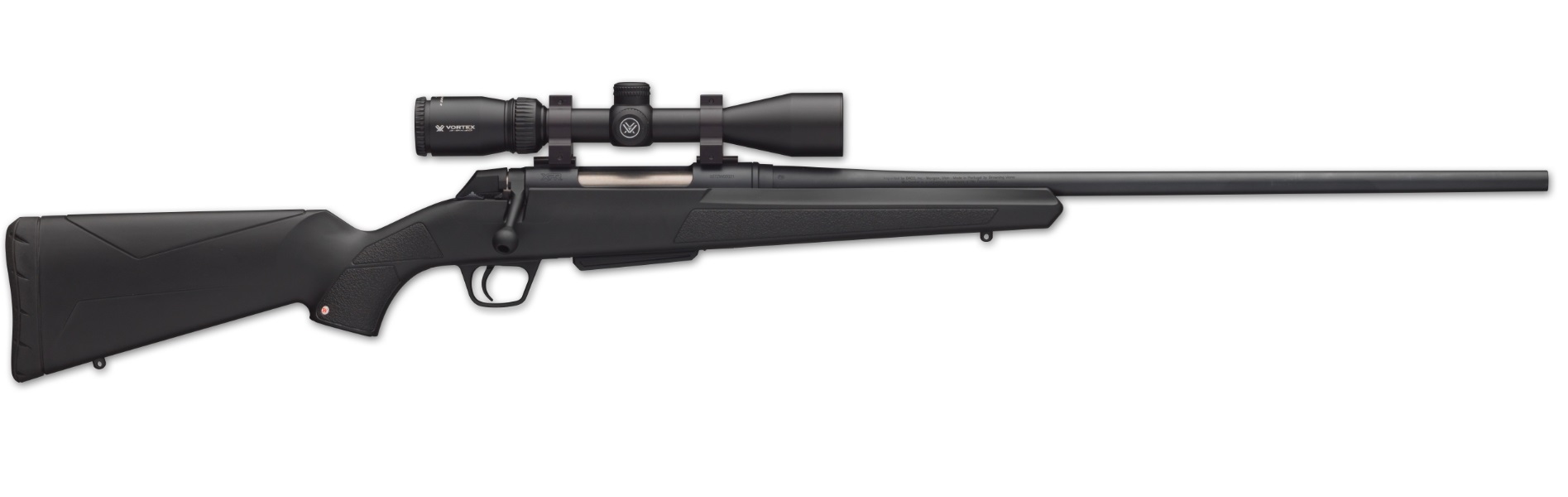 Black rifle with scope on a white background.