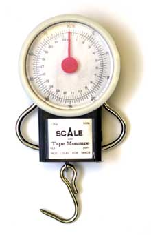 Hanging scale with measuring tape and hook.