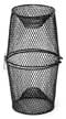 Black metal mesh wastebasket with two sections.