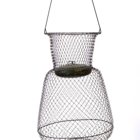 Wire basket with a handle and lid.