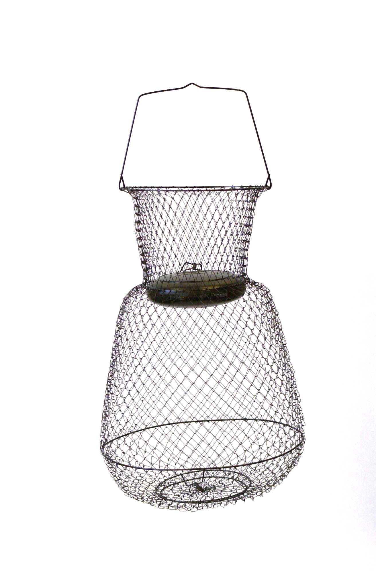 Wire basket with a handle and lid.