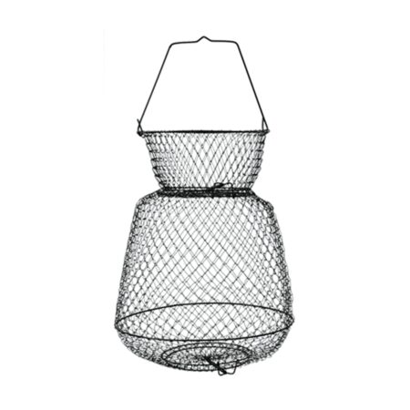 Wire mesh basket with two compartments.