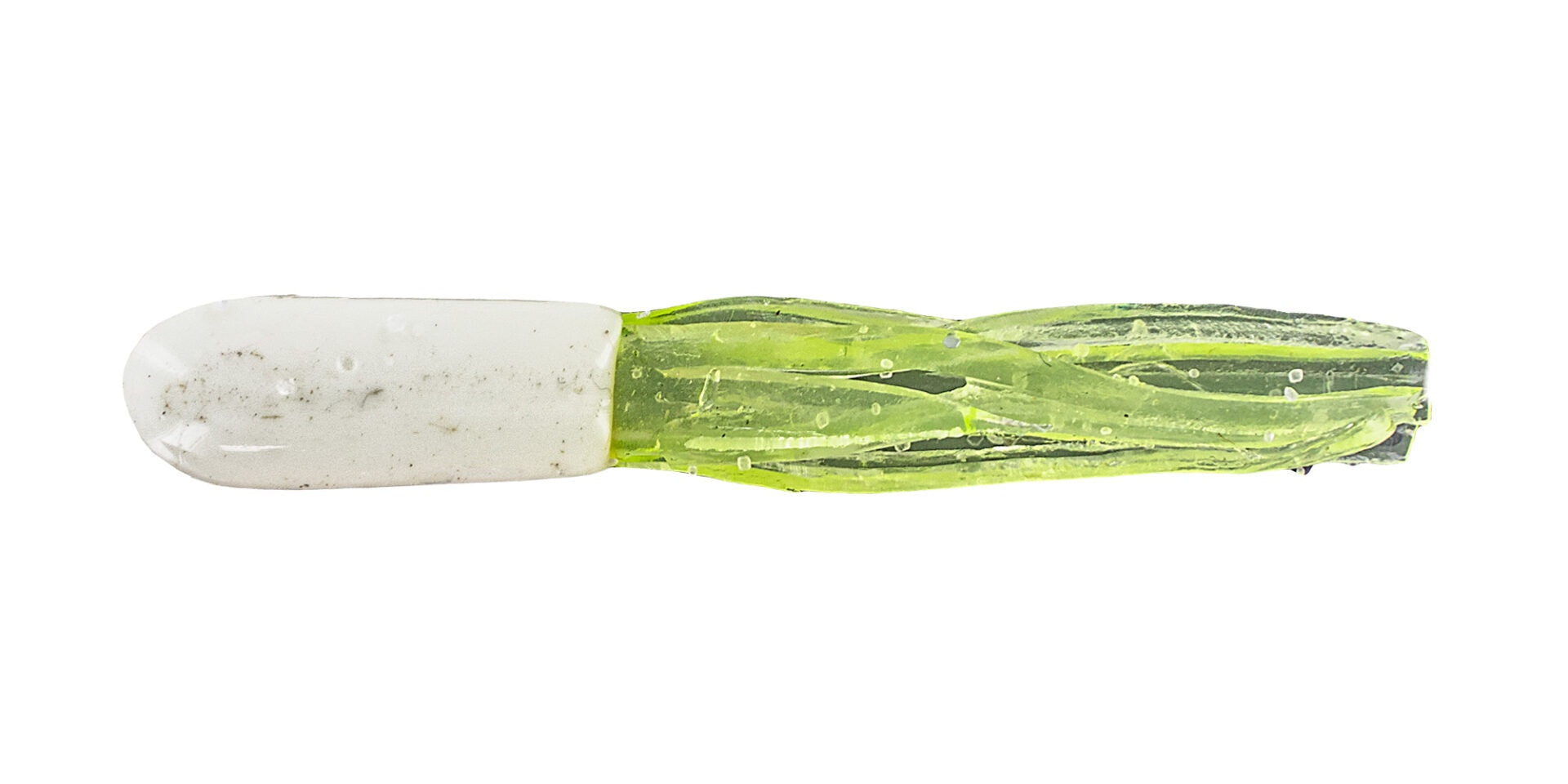 Bright green fishing lure on a white background.