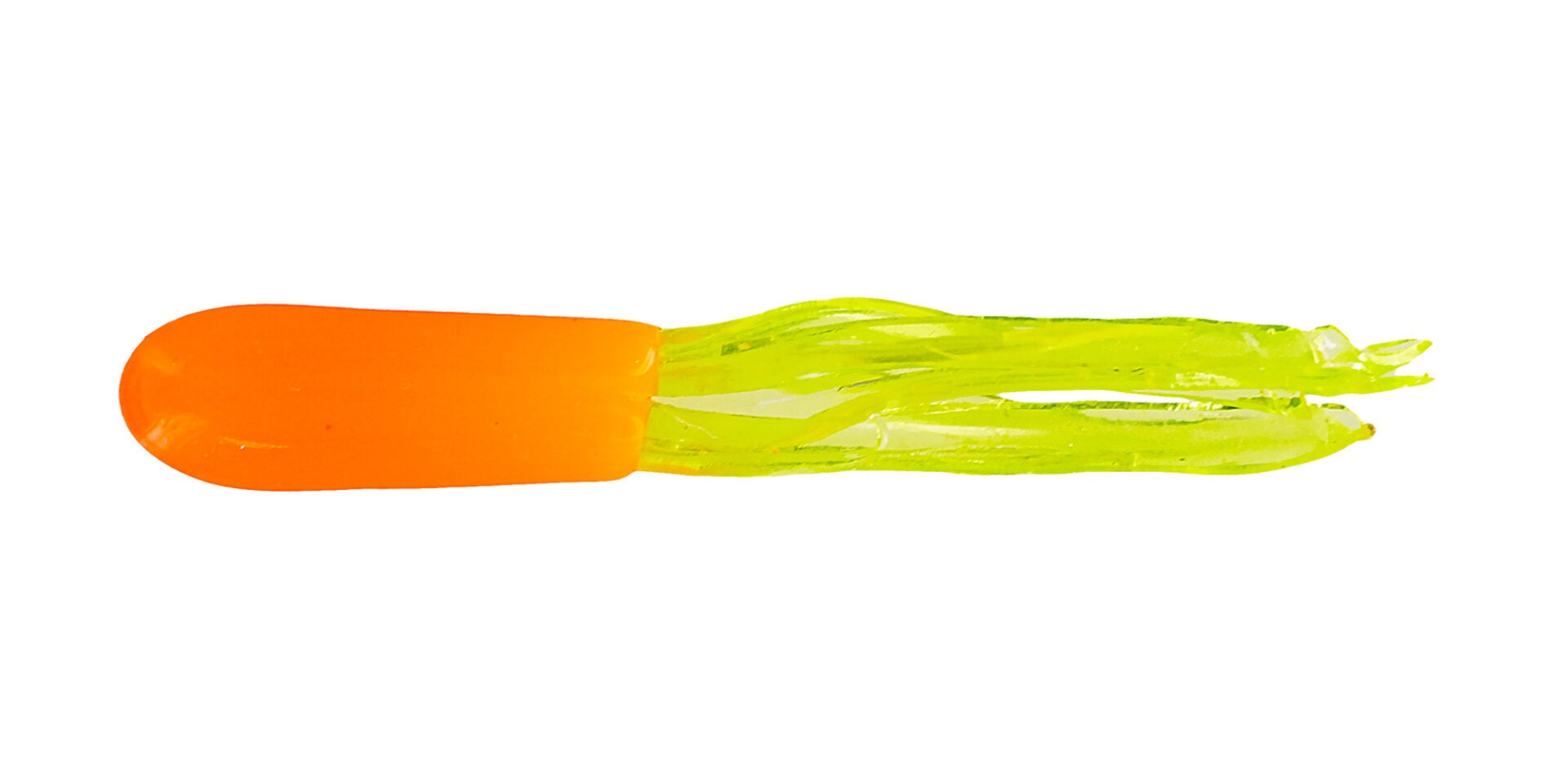 Orange and yellow fishing lure on white background.