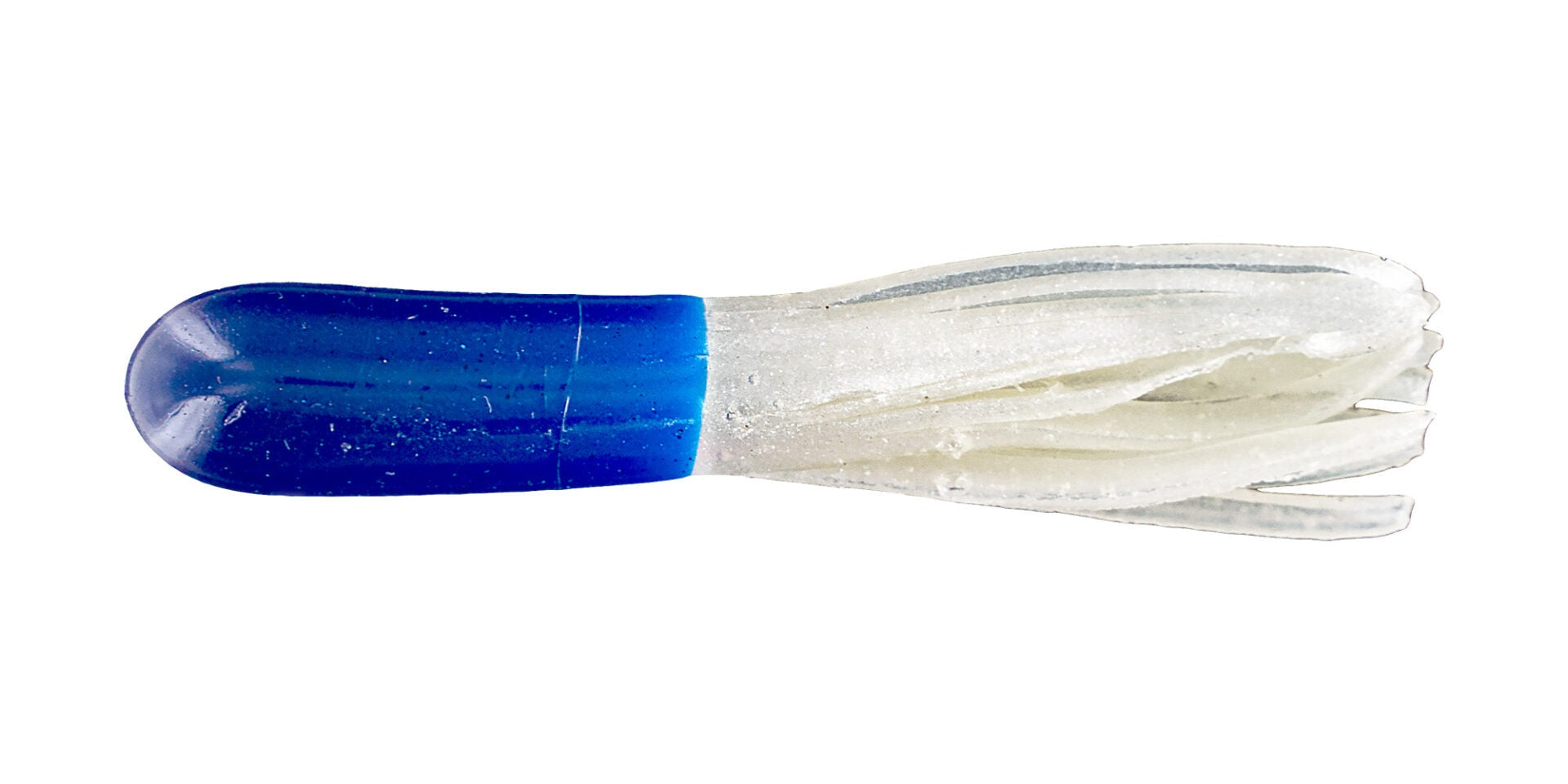 Blue and clear fishing lure with frayed edges.