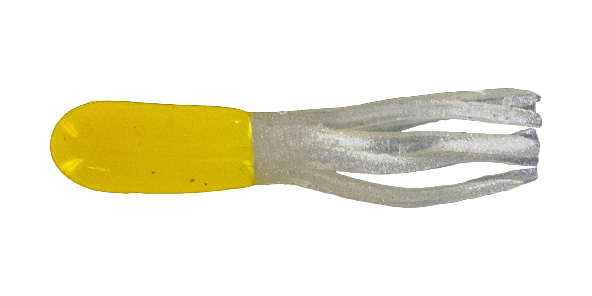 Yellow and clear fishing lure with tentacles.