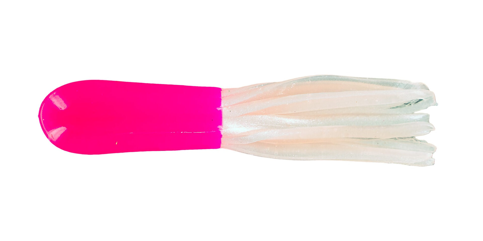 Pink and transparent fishing lure with tentacles.