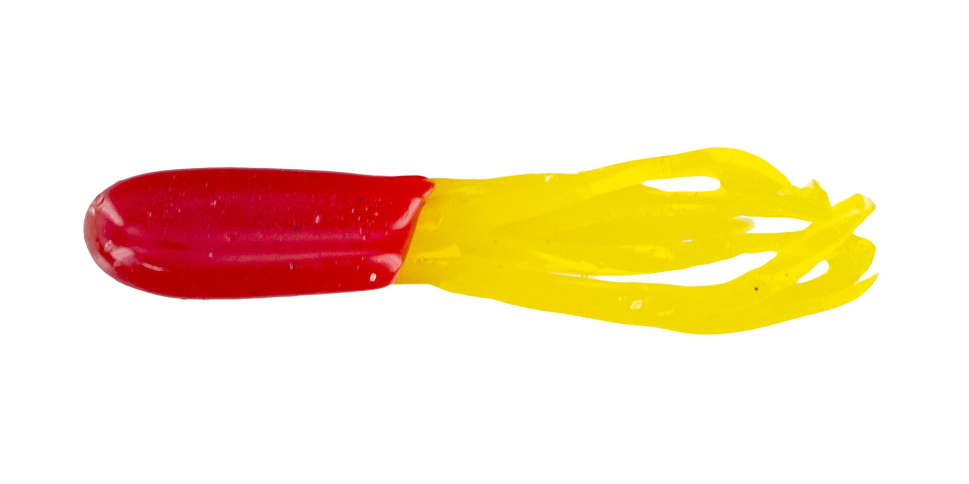 Red and yellow fishing lure on white background.