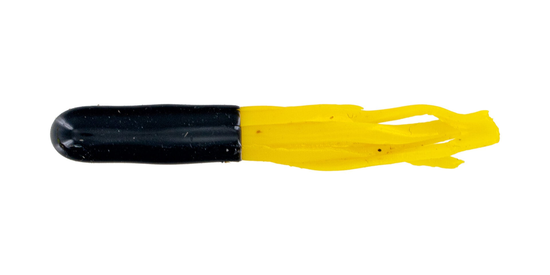 Yellow and black plastic object, frayed end.