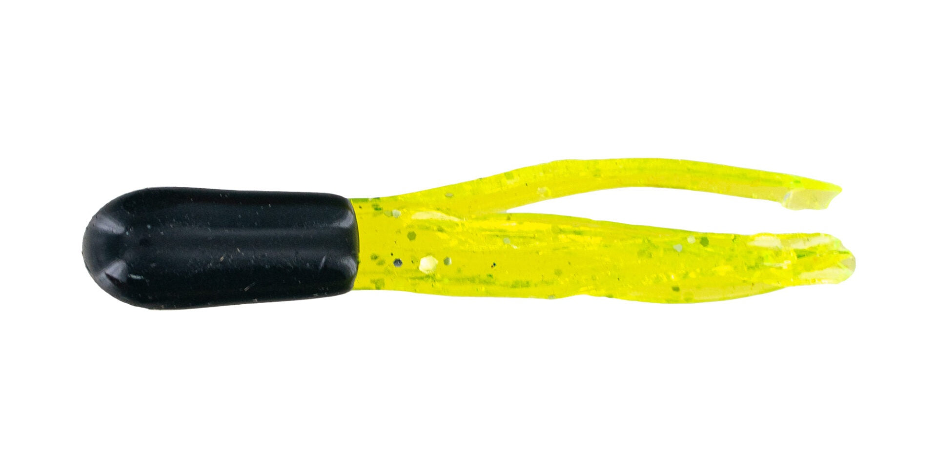 Yellow fishing lure with black tip.