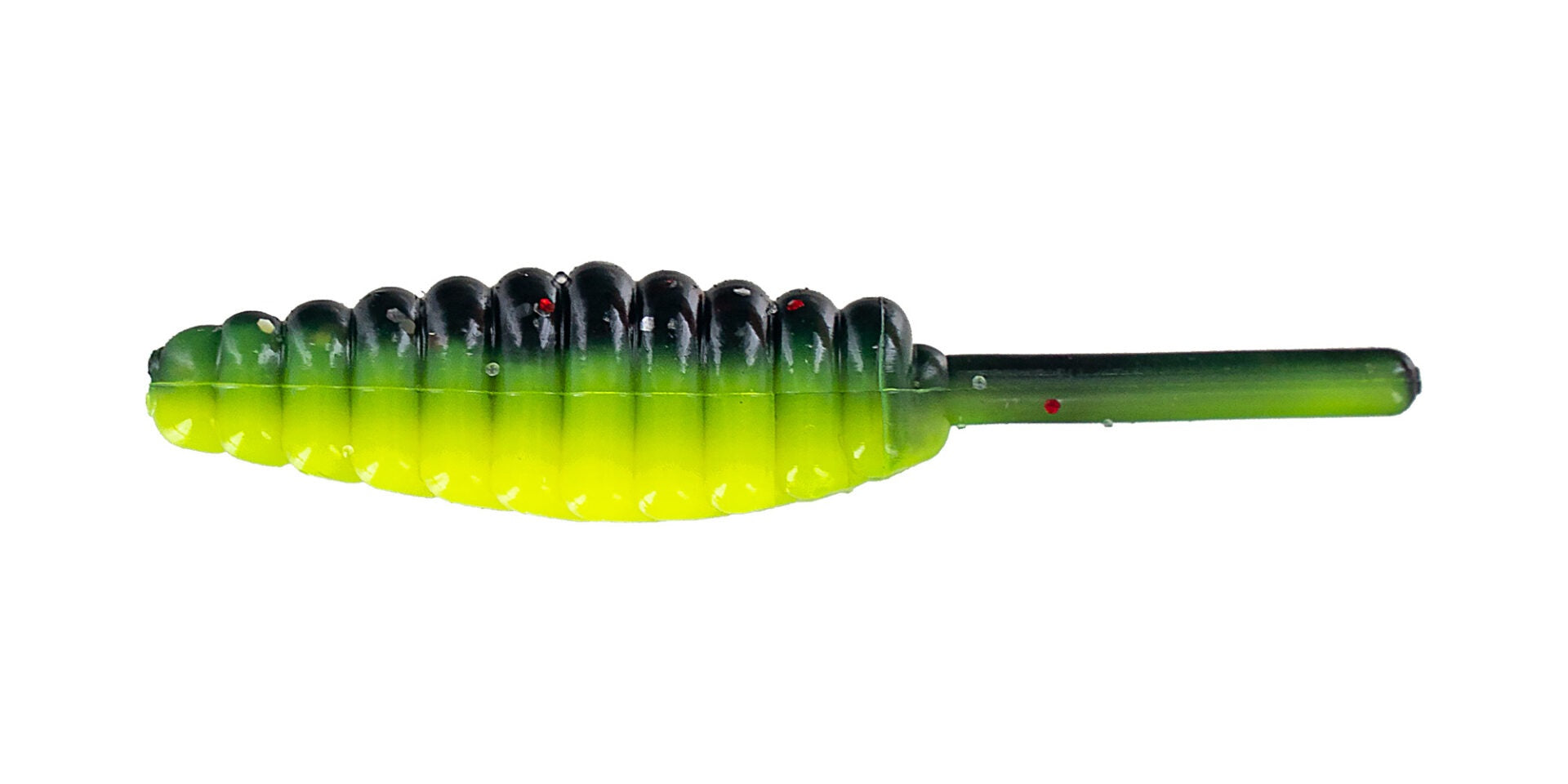 Green and black segmented fishing lure.