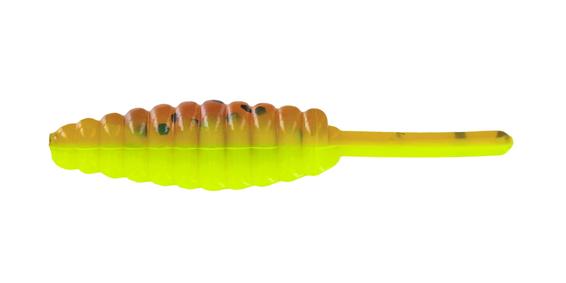 Yellow and orange fishing lure on white background.