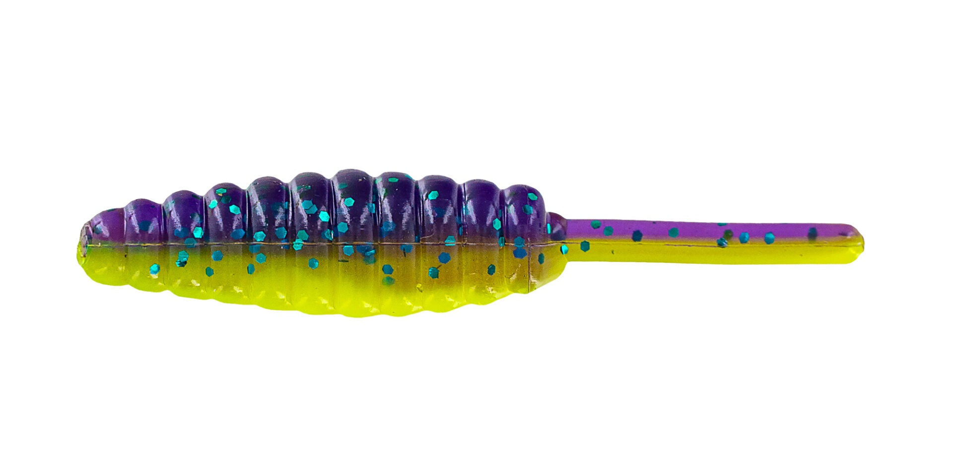 Colorful fishing lure with glitter accents.