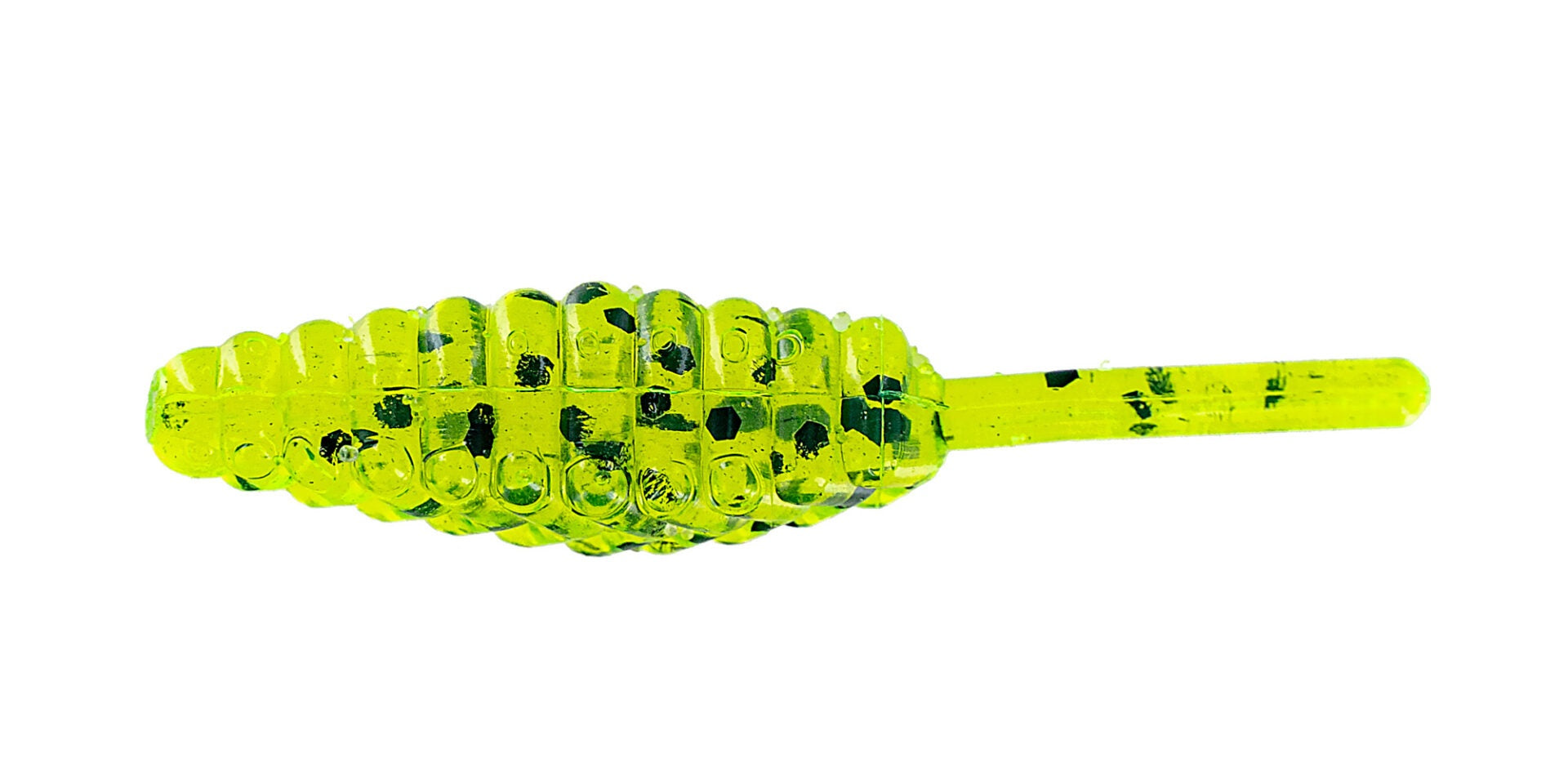 Bright green textured fishing lure on white background.