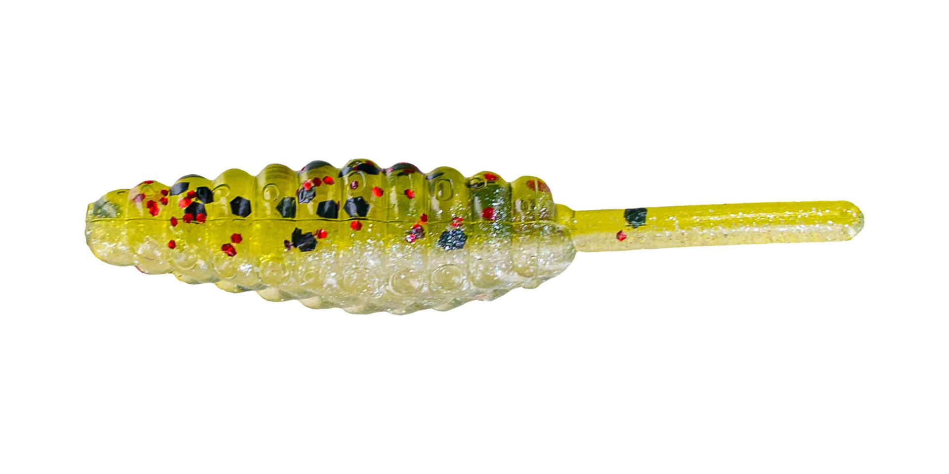 Yellow gummy fishing lure with colorful speckles.