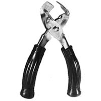 Metal pliers with black rubber handles.