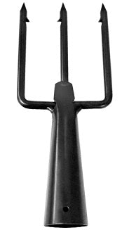 Black three-pronged garden pitchfork on white background.