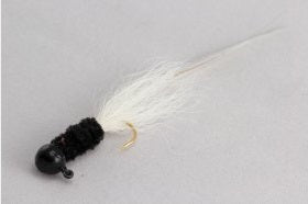 Black and white fishing lure with hook.