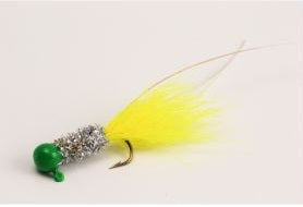 Yellow fishing lure with silver and green details.